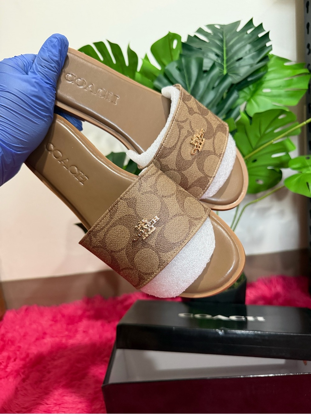 COACH Signature Tan & White Slide Sandals